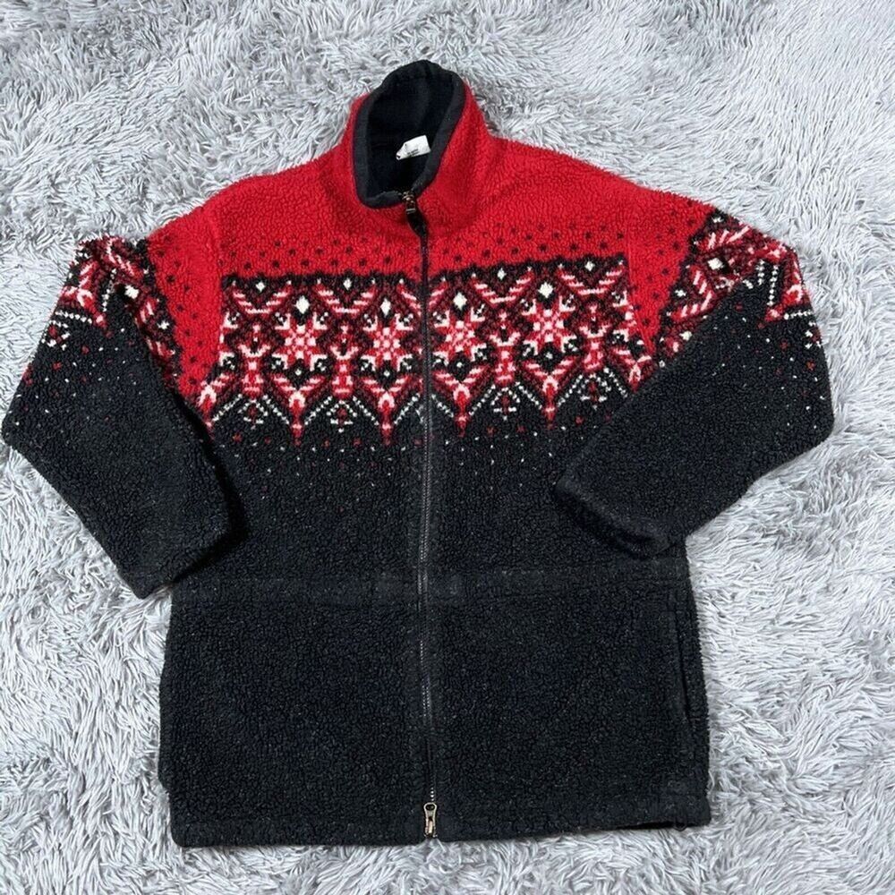 Vintage Columbia Fair Isle Teddy Fleece Jacket Women’s Size Medium 90s Red Black